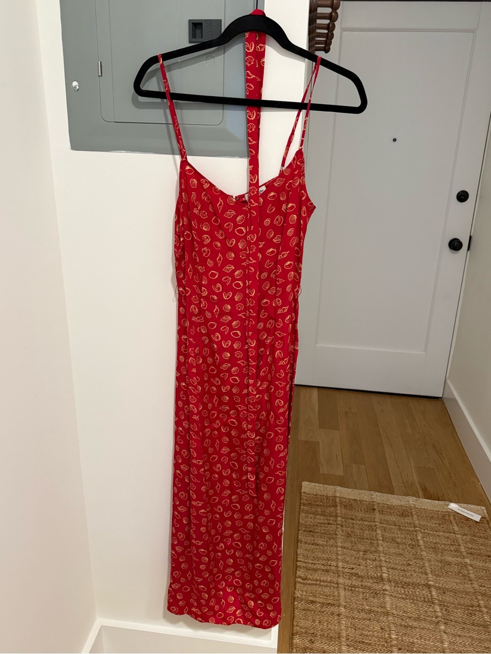 Red Printed Spaghetti-Strap Midi Dress